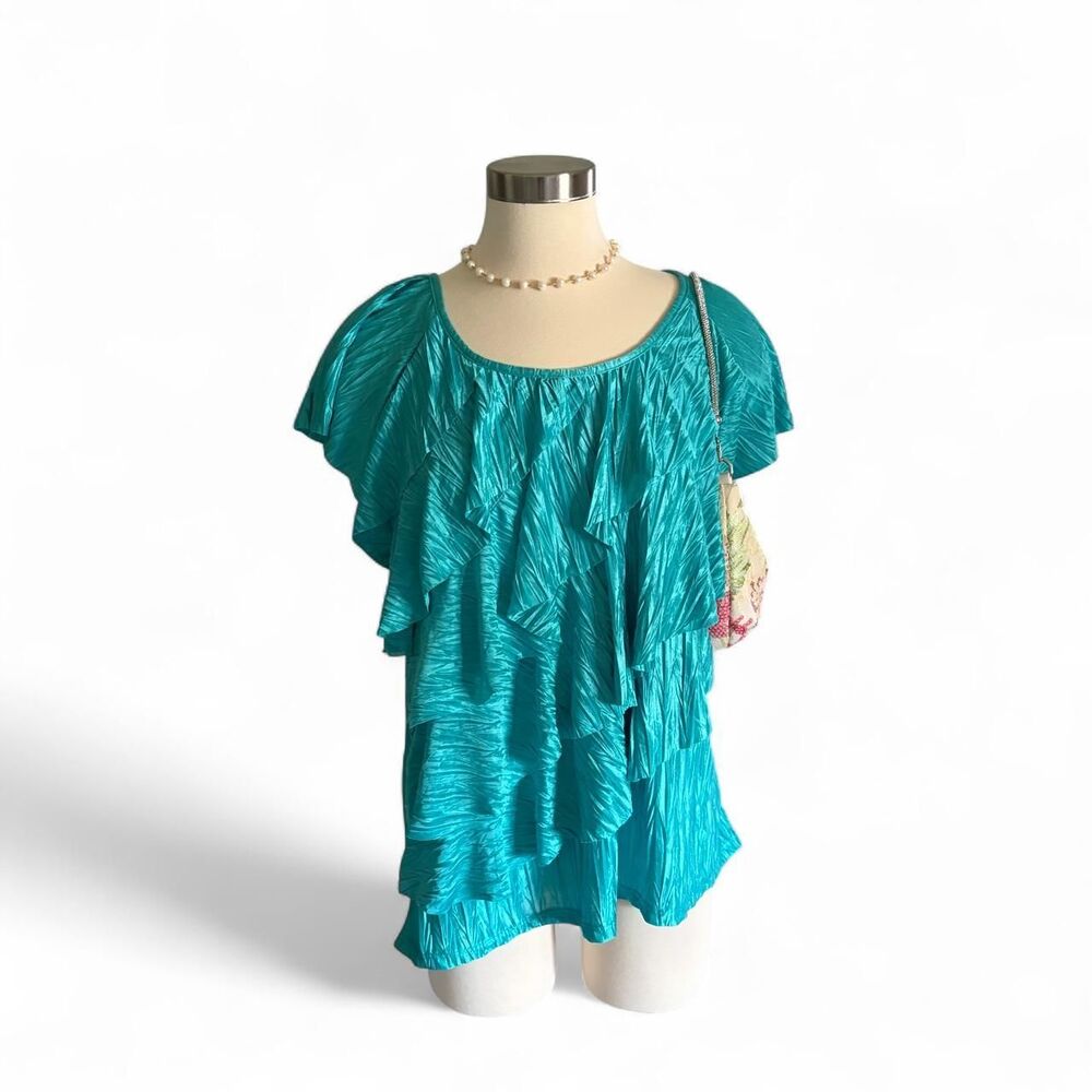 Brannan Teal Ruffle Blouse Crinkled Texture XL Fairycore Y2K Plus Size Top